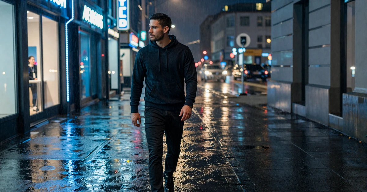 M&auml;nnliches Modell unter blauem Neon-Regen auf n&auml;chtlicher Stadtstra&szlig;e - Casea Casino Spiele und Slots