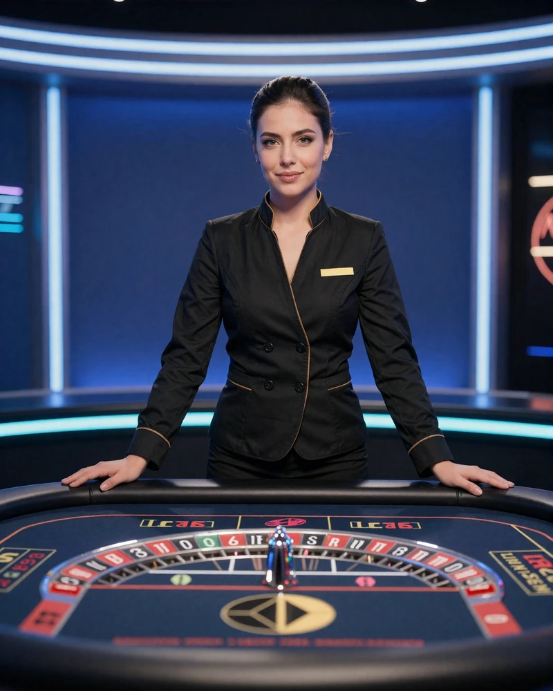 Live-Dealerin in professioneller Uniform am Roulette-Tisch im Neon-Studio - Casea Casino Live Casino