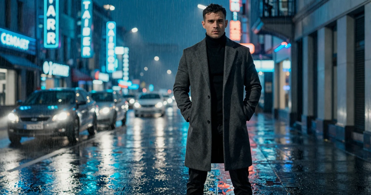 Premium-Modell unter blauem Neon-Regen auf n&auml;chtlicher Stadtstra&szlig;e - Casea Casino Online Casino Deutschland