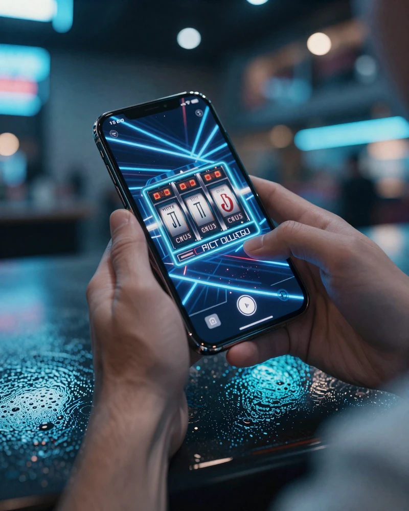 H&auml;nde halten Smartphone mit blauem Neon-Casino-Interface auf reflektierender Oberfl&auml;che - Casea Casino Mobile